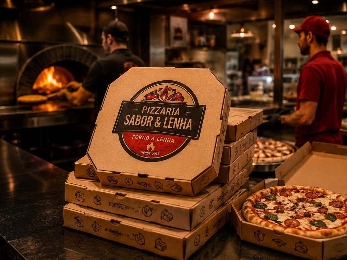 Caixa de pizza personalizada com a logo de uma pizzaria, impressa pela Box Paper Embalagens