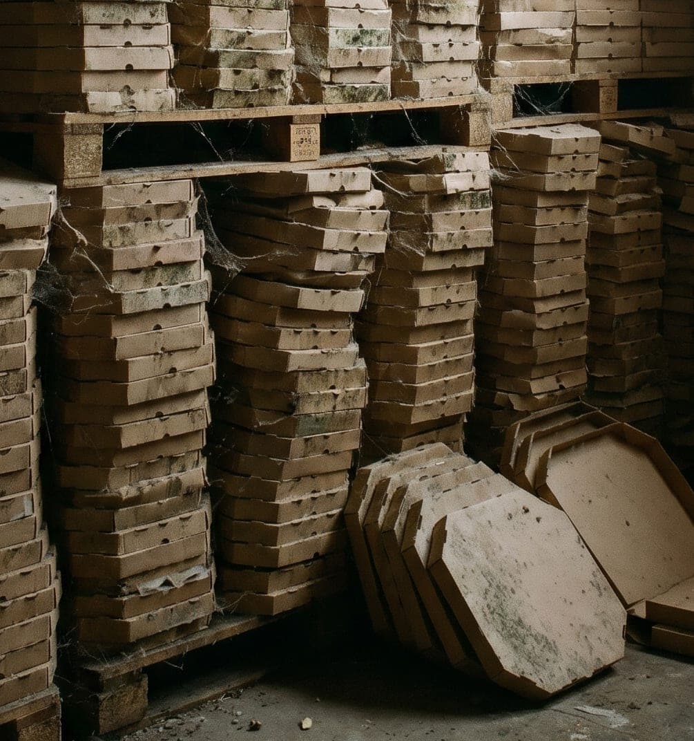 Estoque empoeirado e abandonado de caixas de pizza numa pizzaria
